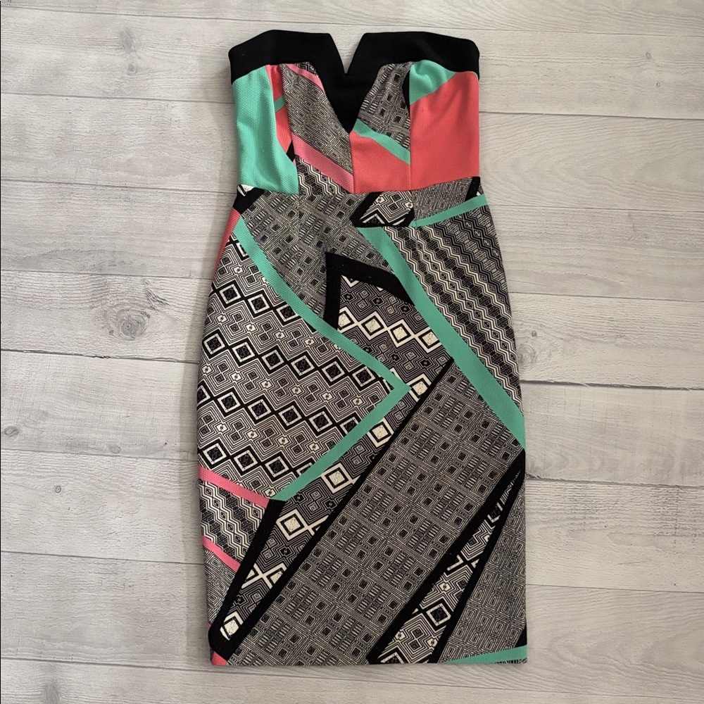 River Island Strapless Geometric Print Dress in Black, Gray, Mint & Coral